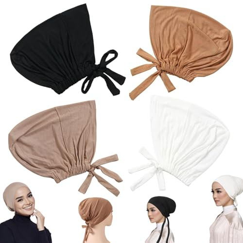 Wonuante 4 Pièces Hijab Femme Musulmane, Bonnet Hijab Femme, Coton Élastique, Réglable et Respirant (Noir, Blanc, Kaki, Camel)