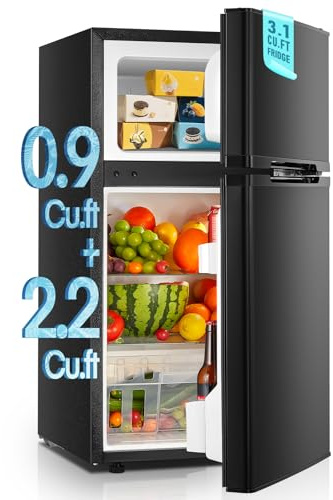 Mini Fridge with Freezer for Bedroom, 3.1 Cu.ft Double Doors Small Refrigerator with Ice Tray, Removable Shelves, Temperature Control Mini Refrigerator for Dorm and Office