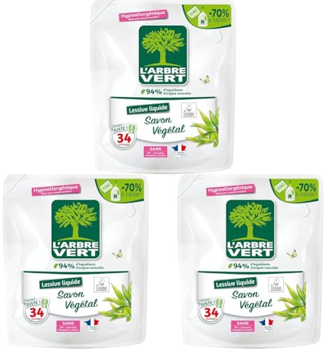L'Arbre Vert Recharge Lessive Ecolabel Savon Végétal - Hypoallergénique - 34 Lavages - 94% d'ingrédients d'origine naturelle - 1,53L (Lot de 3)