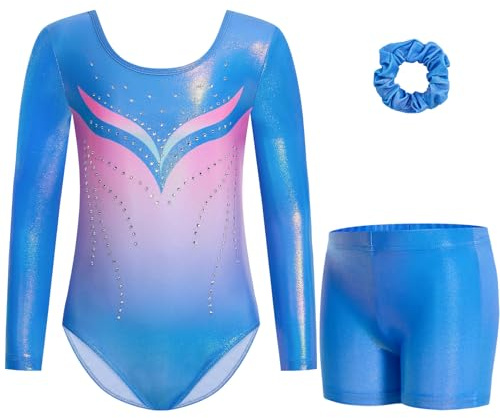 Gogokids - Set tuta da ginnastica per bambine a tre pezzi a manica lunga - Completi da ginnastica per bambini con design a paillettes sfumate Include tuta, pantaloncini e fascia per capelli, tute da