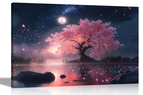 Artley Prints - Night Fall Pink Blossom Tree Lake Canvas Wall Art Prints Home Office Bedroom Star Scenary Pictures Decoration Extra Large 101 x 76cm (40 x 30 inches)