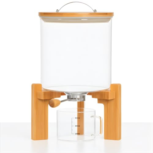 Lucco Glass Rice Dispenser with Wooden Stand - 5L Airtight Food Storage Container with Bamboo Lid for Flour, Sugar, Beans, Cereal & Ground Coffee - Premium Borosilicate Glass Design