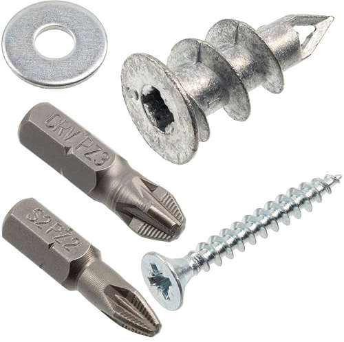 AERZETIX – Fästkit för gipsskivor: 25 ståldubbar Ø15x29 mm + 25 träskruvar Ø4x30 mm + 25 breda M4-brickor + 2 bits PZ2/PZ3 (1/4x25 mm)