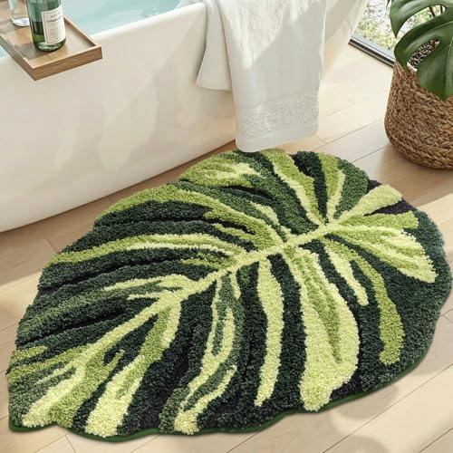 DEXI Badmatta 60 x 80 cm, halkfri absorberande badmatta med grönt växtmönster, bladformade tvättbara mattor för duschgolv, sovrum, badrumstillbehörsdekor, mörk monstera | Superabsorberande badrumsmatta med monsterbladmönster, maskintvättbar, tropisk duschdekoration