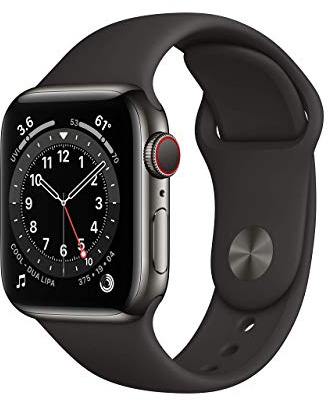 Apple Watch Series 6 (GPS + Zellular, 40MM) Edelstahlgehäuse Graphit mit Schwarz Sportarmband (Generalüberholt)