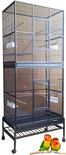 Double Large Wrought Iron Breeder Bird Flight Cage Rolling Stand with Breeding Doors for Aviary Canary Finches Lovebirds Budgies Quail Cockatiel Conure Parakeet