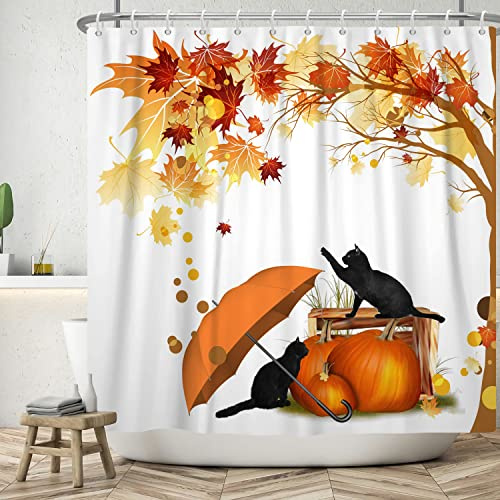 Ttincceer 180x200cm Lindo Gato Cortina de Ducha Divertido Gato Negro Calabaza Paraguas Conjunto de Cortina de Ducha otoño Paisaje Hoja de Arce Hoja caída Cortina de baño Impermeable bañera Cortina