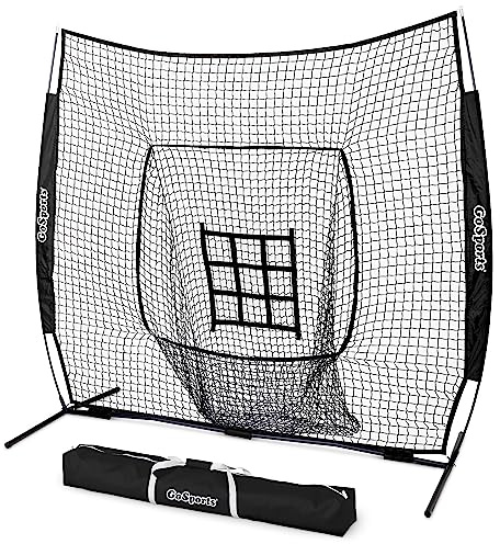 GoSports 7 ft x 7 ft Baseball & Softball Practice Hitting & Pitching Net with Bow Type Frame, Carry Bag and Strike Zone, Great for All Skill Levels