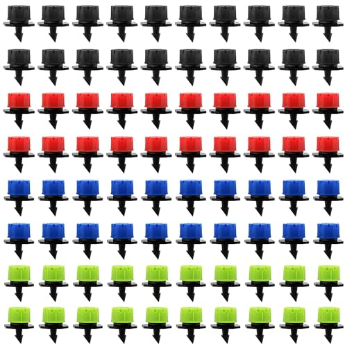 VooGenzek 80 Stücke Einstellbare Bewässerung Tropfer Sprinkler, Kunststoff Micro Flow Sprinkler für Bewässerung Tropfbewässerung, 8-Loch Anti-Clogging Emitter Tropfer, Schwarz/Rot/Blau/Grün