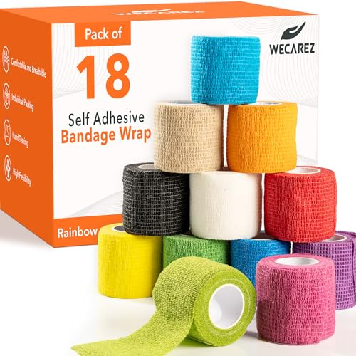 Self Adhesive Bandage Wrap 2 Inch x 5 Yards – Pack of 18 Multi Colored Cohesive Bandage, Non-Woven Vet Wrap for Dogs and Pets –Breathable Elastic Bandage Wrap for Ankles & Joint Sprains