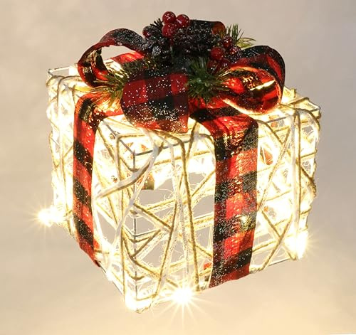 Figura natalizia luminosa a LED, regalo con fiocco, abete, bacche, coni, 19 x 15 x 15 cm, confezione regalo, decorazione natalizia, scatola luminosa a LED, scatola regalo, confezione regalo