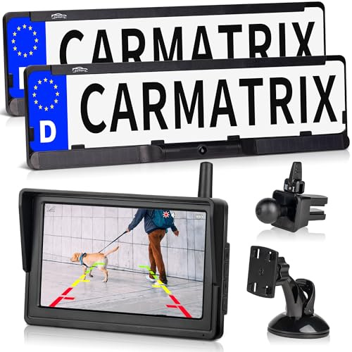 Solar Funk Auto Rückfahrsystem HD Rückfahrkamera Nummernschild für EU & Österreich 5 Monitor Vorne und Hinten Digital Nachrüsten ohne Bohren, Einparkhilfe im Kennzeichenhalter kabellos (Solar 4 Duo)
