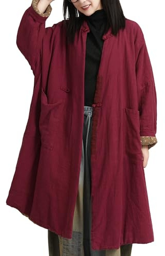 LUZU JUNU, Giacca da donna in cotone imbottito con stampa floreale, stile kimono, morbida, trapuntata, con fiori stampati, lunga, sciolta, Rosso, taglia unica