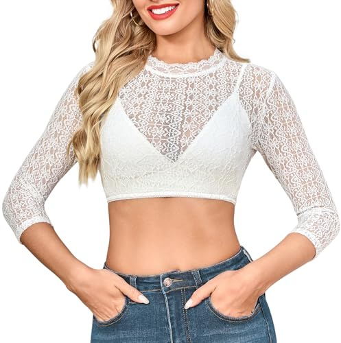 Aiseyi Chemisier Dirndl à manches longues pour femme - En dentelle - Blanc - Pour costume bavarois - Fête de la bière, Blanc., L
