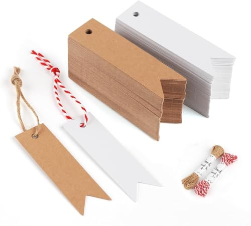 100 Pcs Kraft Paper Gift Labels, Brown & White Kraft Paper Tags with String for Baking, Bottle Name Tags, DIY Gift Packaging Hanging Cards and Decorative Message Tags