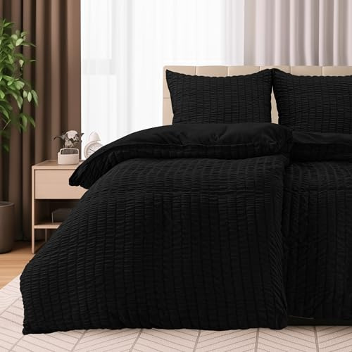 Utopia Bedding Seersucker Funda Nordica Cama 90-2 Juego de Funda Nórdica de Microfibra Seersucker 135x200 cm y 2 Funda de Almohada 80x80 cm (Negro)