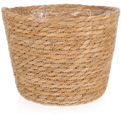 ibasenice Cesta De Flores Tejida Mediana para Interior y Balcón, Jardinera Tejida De Paja Natural Forro, Maceta Durable para Plantas Decorativas y Almacenamiento Doméstico