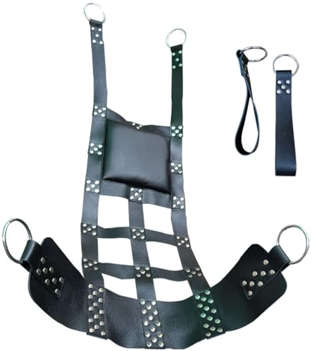 Heavy Duty Black Leather Bondage Sling Swing – Reinforced BDSM Suspension Hammock with Stirrups & Steel D-Rings