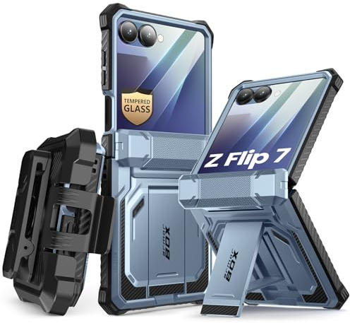 i-Blason for Samsung Galaxy Z Flip 7 Case with Stand & Belt-Clip, Blue | Built-in Screen Protector, Hinge Protection, Belt-Clip, KickStand, Full-Body Protection, Military