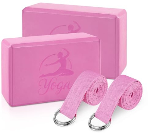 RETON Juego de bloques de yoga, bloques de yoga de alta densidad con 2 correas, bloques de espuma EVA ligeros para yoga y pilates con diseño en relieve, ladrillo de yoga para ajuste de postura, ayuda