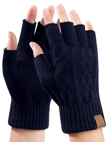 TOMEEK Fingerlösa handskar för kvinnor, 100 % ull, vinter, termiska handskar för män, som kör, halvfingerhandske, löpning, arbete, cykling, vandring, utomhussport (marinblå, M)