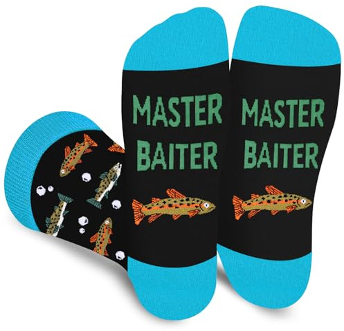 Funny Fish Socks for Men Women Dad Teenage Boys - MASTER BAITER Novelty Fun Funky Happy Odd Socks for Fisherman - Fishing Accessories Fathers Day Birthday Gifts Ideas Christmas Stocking Filler