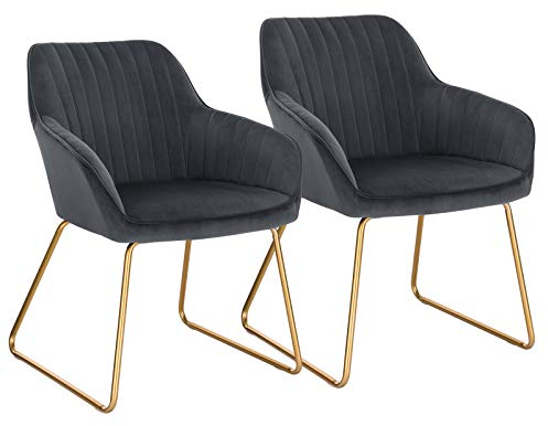 WOLTU Esszimmerstühle 2er Set Küchenstühle Wohnzimmerstühle Polsterstühle Sessel, Armlehnstühle mit Rückenlehne, für Esszimmer, Küche, Wohnzimmer, Samt, Gold Metallbeine, Dunkelgrau, BH246dgr-2