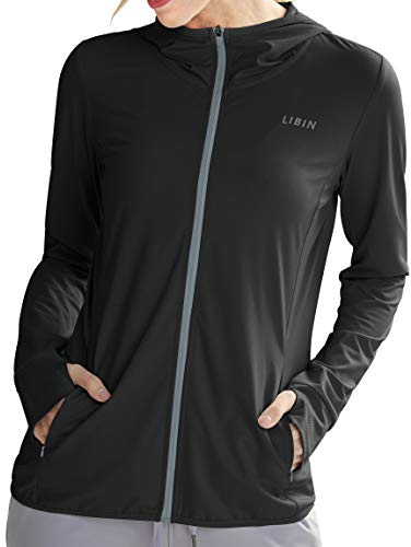 Libin Dam UV-tröja med full dragkedja sportjacka solskydd löpning surfing vandring huvtröja fickor, 01-svart uppgradering, XL