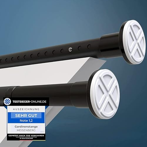 MEISENBERG Gardinenstange zum Klemmen 160-210cm, Matt Schwarz, Ø 32 mm, Duschvorhangstange ohne Bohren - Vorhangstange für Gardinen, Bäder und Balkon