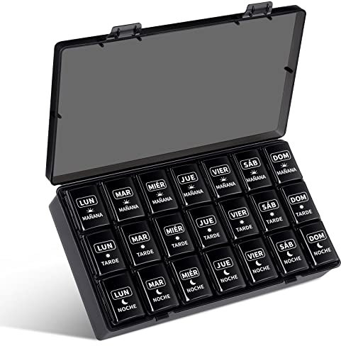 Opret Pastillero Semanal 3 Tomas Español, Pastillero Diario Grande 7 Dias, Dosificador de Comprimidos con 21 Compartimentos, Organizador de Pastillas para Viaje