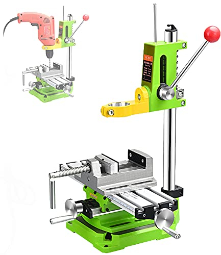 Multifunction Benchtop Pillar Drill Press Stand for Auxiliary Drilling and Cutting, Drill Press Stand with Vice and Workbench, Jaw Rotation+Height Adjustable, Easy to Use