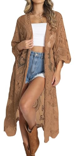 Bsubseach Women Brown Mesh Cardigan Bikini Beach Kimono Open Front Swimsuit Cover Ups Swimwear