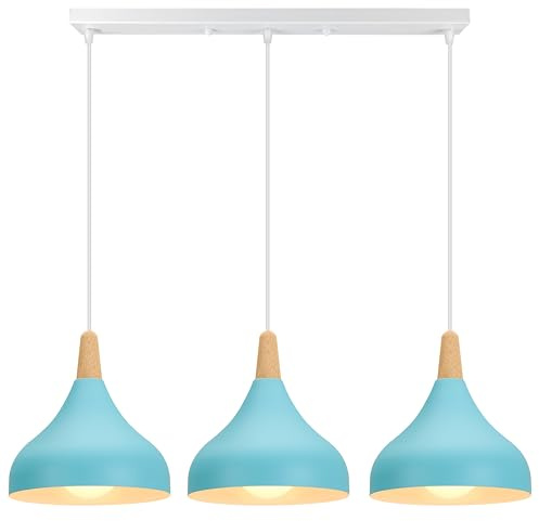 iDEGU 3 Hängeleuchten Retro E27 Kronleuchter Hängeleuchte Modern Stil Tropfen Hut Deckenleuchte Metall Holz Deckenleuchte für Esszimmer Wohnzimmer Küche, Ø 20 cm (blau, Stange)