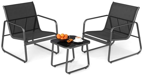 COSTWAY 3-Piece Patio Bistro Set, Garden Furniture Set with Tempered Glass Table and Chairs, Metal Frame Outdoor Conversation Table Chairs Set for Balcony, Lawn and Poolside(Black, 77 x 61 x 75cm)