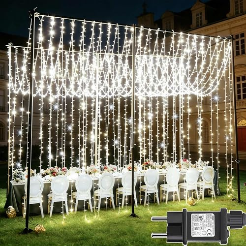 Joycome 2 Stück Lichtervorhang Aussen, 6x3m 600 LED Lichterketten Vorhang mit Stecker, 8 Modi/Timer Lichterkette Hängend, Wasserdicht Lichtervorhang Außen für Fenster Wand Balkon Party Decke (Weiß)