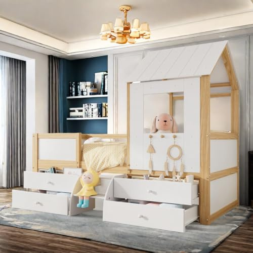 Sapgaks Lit cabane Enfants 90x200 avec Toit et fenêtre, Lit superposé Enfant avec 4 tiroirs et Petit escalier, lit Double lit Simple, Protection Anti Chute, pin + MDF + contreplaqué, Blanc + Naturel