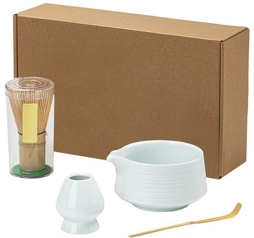 WIYETY Kit Complet Cérémonie du Thé Matcha - Lot de 4 Pièces (Fouet en Bambou, Bol Céramique Bec Verseur, Support et Pelle) - Porte-Fouet - Accessoires Japonais pour la cérémonie du Matcha