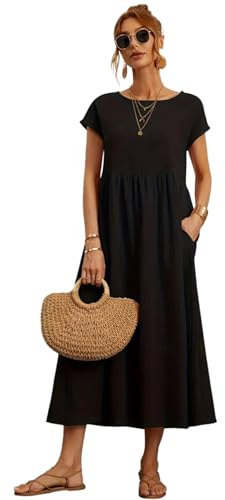Hanaoops Robe Maxi D'été pour Femme Décontracté Manches Courtes Robe De Plage Longue ChicTaille Haute A-Ligne Robes Elegant Portefeuille Robe de Soiree Casual avec Deux Poches