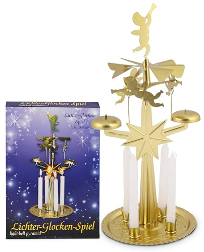 Knox Vintage Deko Lichter-Glockenspiel - Kerzenständer aus Metall, Gold – Weihnachtliche Dekoration mit 4 Kerzen - Höhe 25 cm - Nostalgische Wohnzimmer- und Tischdeko für Advent und Weihnachten
