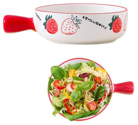 Soppskål med handtag, frukostskålar, keramisk soppgryta för müsli/pasta, 600 ml soppkoppar, salladsskål, frukostskål, pastaskål, diskmaskinssäkra mikrovågsugnar och ugnssäker (jordgubb)
