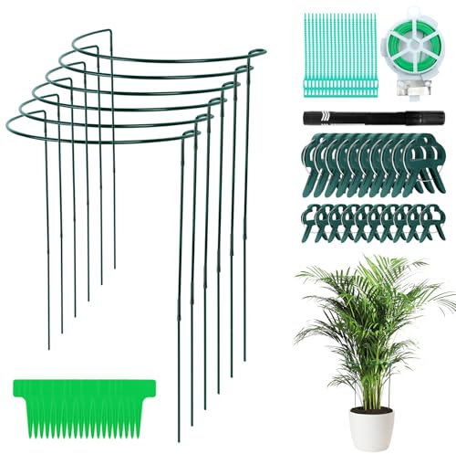 6 Stück Pflanzenstütze Rund 80CM Hoch,Einstellbar Staudenhalter Metall Halbrund, Grün Pflanzenringe Strauchstützen Pflanzstäbe mit Plant Clips, Blumenhalter Ring für Zimmerpflanzen Gemüse