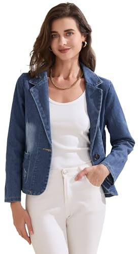 Allegra K Donna Giacche in Denim Casaul Office, Blazer con Revers A Tacca, in Jeans Lavati Blu XL