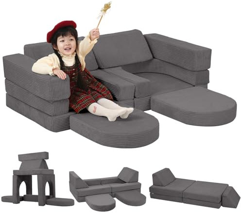 MeMoreCool 10-teiliges modulares Sofa aus Cord, Schaumstoff Sitz- und Relaxmöbel mit abnehmbaren Bezügen, Weiches Lounge Sofa für Kinderzimmer oder Wohnbereich
