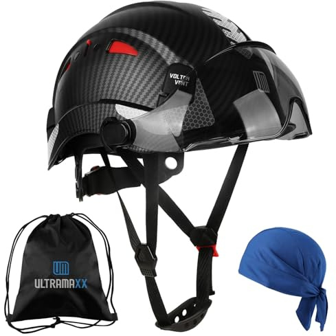 UM ULTRAMAXX Safety Helmet Hard Hat with Visor, Lightweight Vented Construction Helmet with Chin Strap, 6-Point Suspension System and Adjustable Ratchet Hard Hats(Black Carbon Fiber With Tinted Visor)