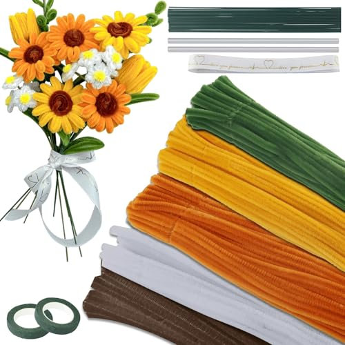 210 Stück Pfeifenreiniger Set zum Basteln, Blumen Basteln mit Pfeifenputzern in 5 Farben für DIY Sonnenblumen - Inklusive Blumendraht, Schleifenband und Schmelzklebestift Pipe Cleaners für Crafts