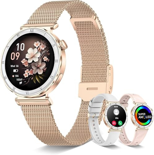 Montre Connectée Femme (3 Bracelets) 1,19 AMOLED Tendance Fitness Podomètre Smartwatch pour Android IOS avec Appel Bluetooth, Fonction Féminine/Cardio/Sommeil, 120+ Modes Sport Étanche IP68, Or Rose