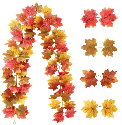 AYNKH Ghirlanda di foglie d'acero artificiali decorazione di Halloween 1,5 m foglie autunnali finte piante rampicanti autunnali ghirlanda decorazione con ganci per Halloween Ringraziamento casa camino