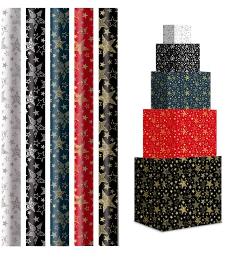 Papel de Regalo 70x200cm (Pack de 5 Rollos) - Diseños Surtidos y de Papel Resistente - Ideal para Envolver Regalos en Cumpleaños, Bodas, Navidad, Fiestas - Estrellas