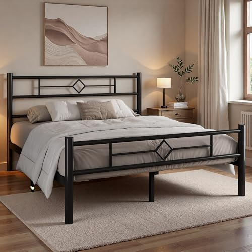 Feonase Double Bed Frame 4ft with Headboard & Footboard, Metal Bed Frame Double bed with Heavy Duty Metal Slat Support, Ample Under-bed Storage, Easy Assembly,Black