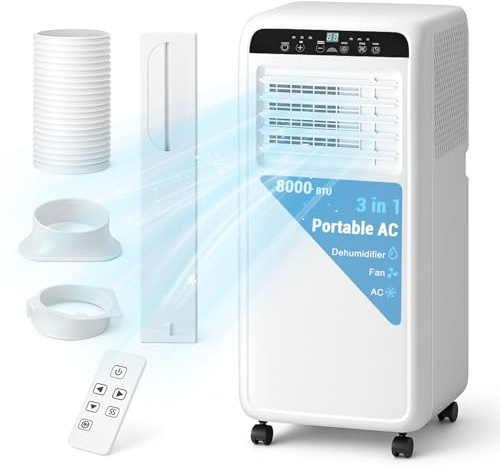 Erivess Portable Air Conditioners 8,000 BTU, 3-in-1 Air Conditioner Portable Up to 400 Sq.Ft. with Cool, Fan, Dehumidifier, Portable AC Unit with Remote Control & 24H Timer, Installation Kits
